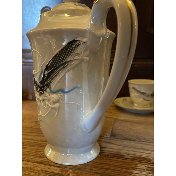 Vtg Japanese Moriage Dragonware Lithophane Geisha Coffee or Tea Set Black 15 Pc - Picture 11 of 16